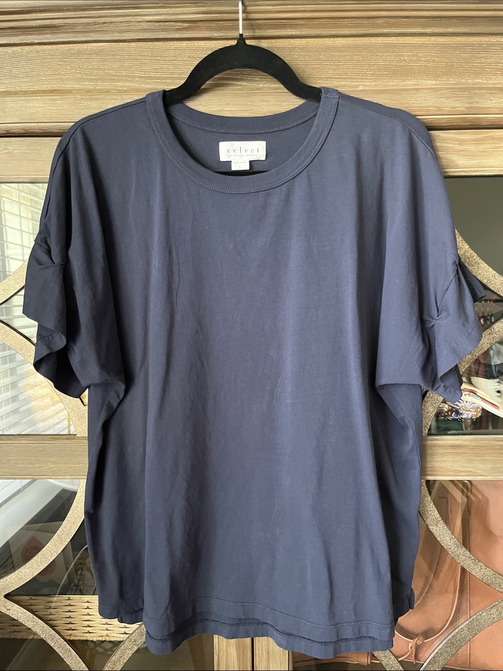 Velvet Short Sleeve Crewneck T-Shirt in Navy Blue with Gathered Sleeve Detail